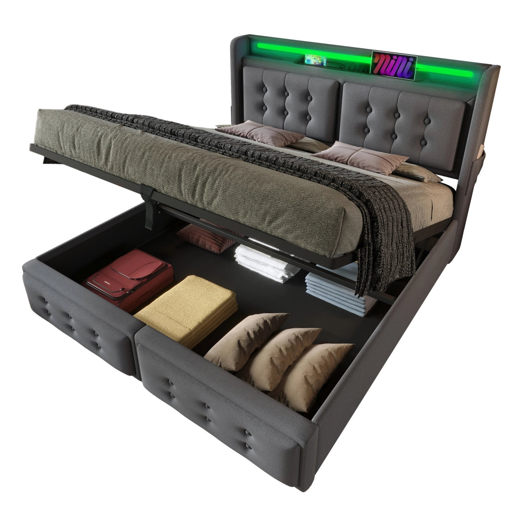 Letto matrimoniale 180x200 cm con contenitore; LED e ricarica USB-C; grigio