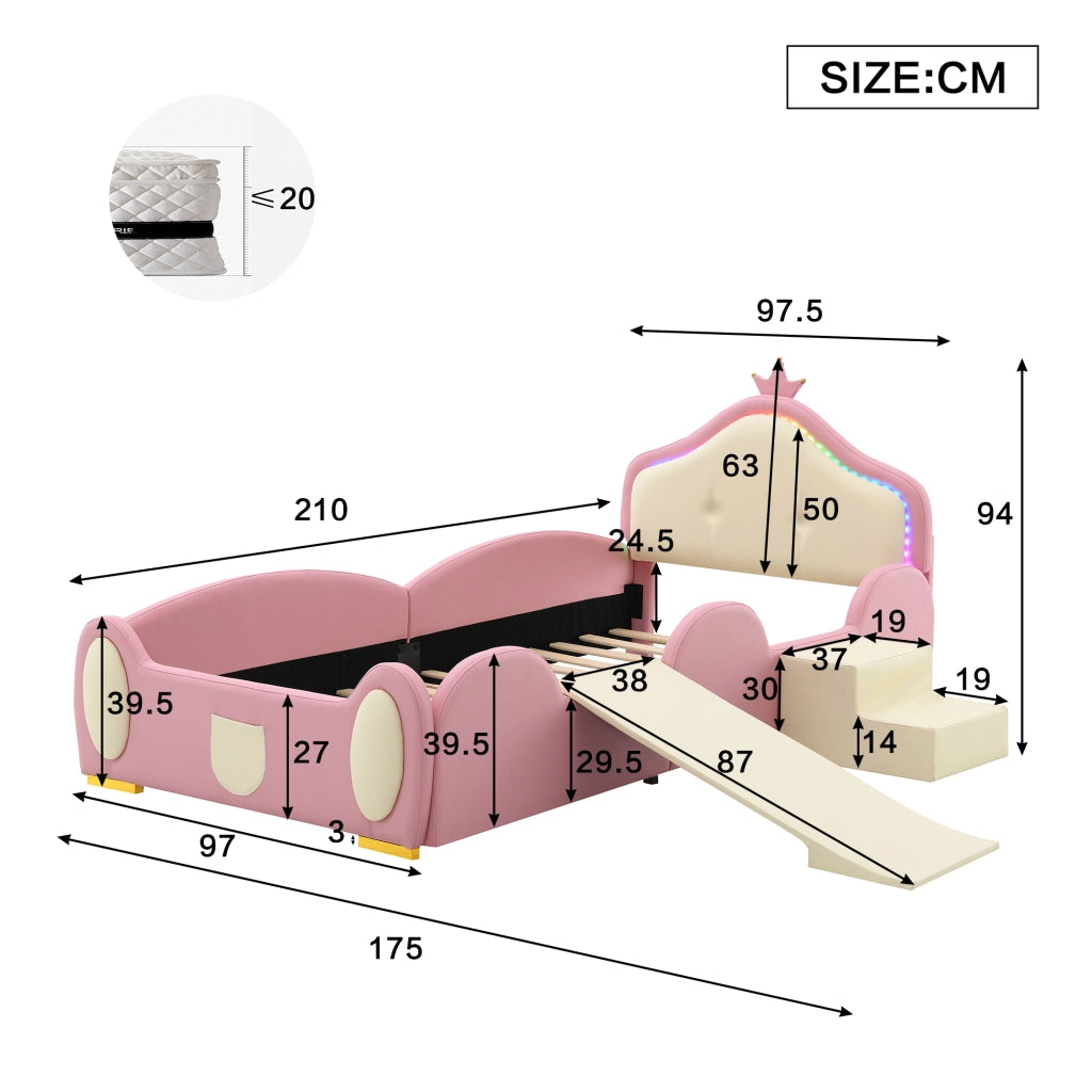 Letto imbottito per bambini 90x200 cm in PU rosa e beige con corona; LED; scivolo e scaletta per cameretta