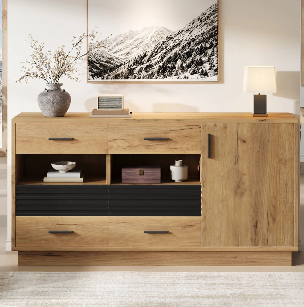 Credenza ULEVR 140x35x70 cm con 6 cassetti e 1 anta, mobile contenitore in MDF effetto rovere