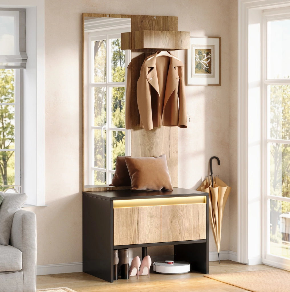 Set appendiabiti 60x38x145 cm nero e naturale in truciolato, specchio e 2 cassetti
