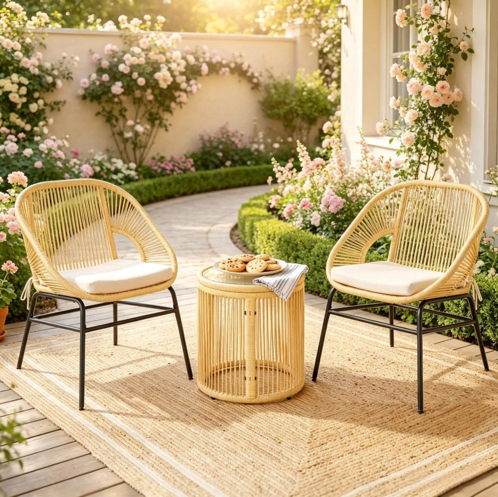 Set balcone beige con 2 poltrone e tavolo rotondo