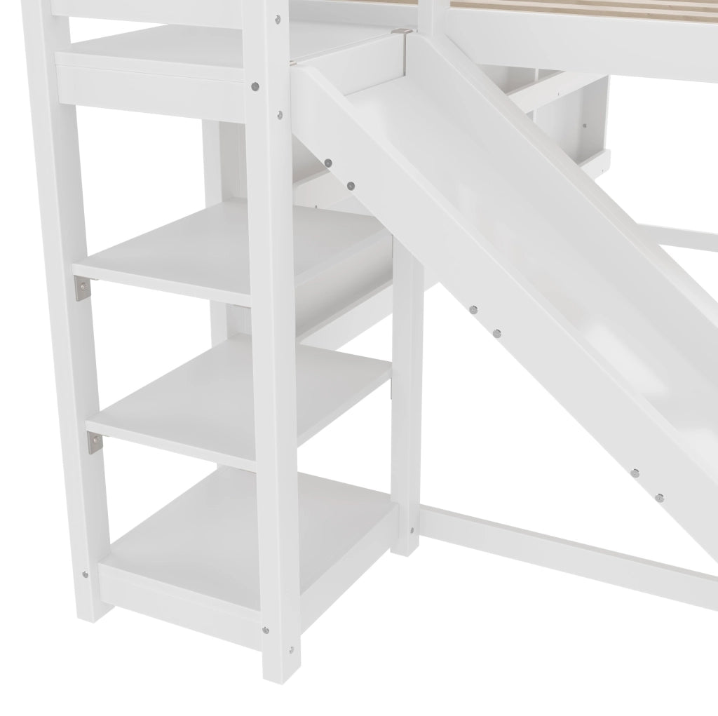 Letto a soppalco ULEVR 90x200 cm a forma di casa con scivolo, LED, ripiani e scala, bianco