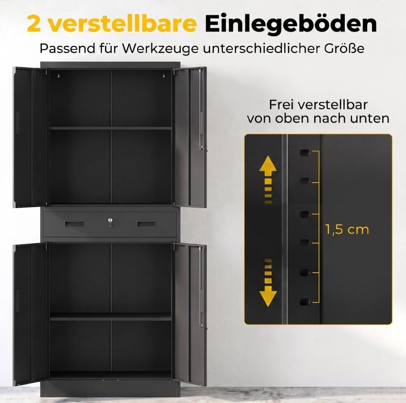 Armadio in metallo nero 180 cm con serrature, cassetto e ripiani regolabili