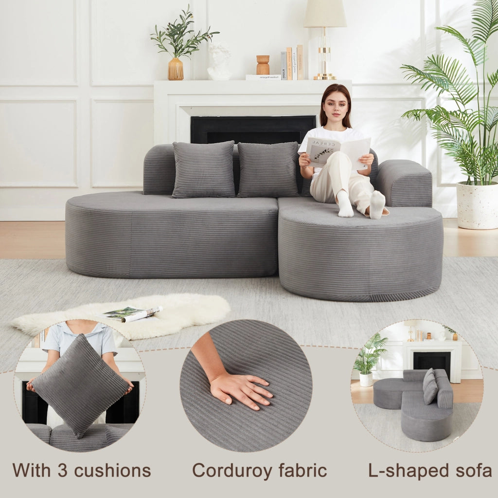 Divano angolare ULEVR 220x155x70 cm in velluto a coste grigio, con chaise longue curva e 3 cuscini