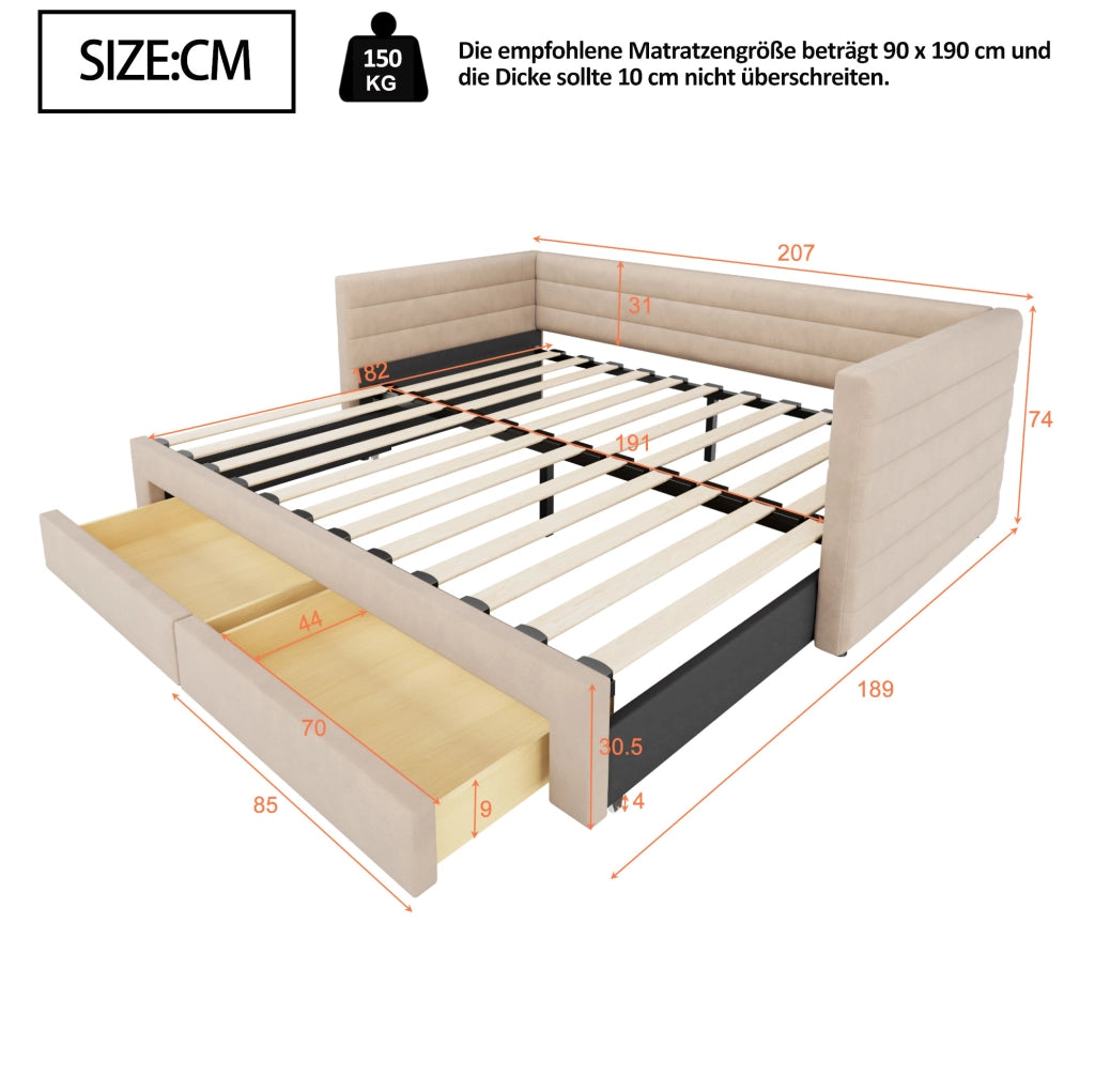 Letto imbottito 3-in-1 con 2 cassetti; divano e letto estraibile 90x190/180x190 cm; beige