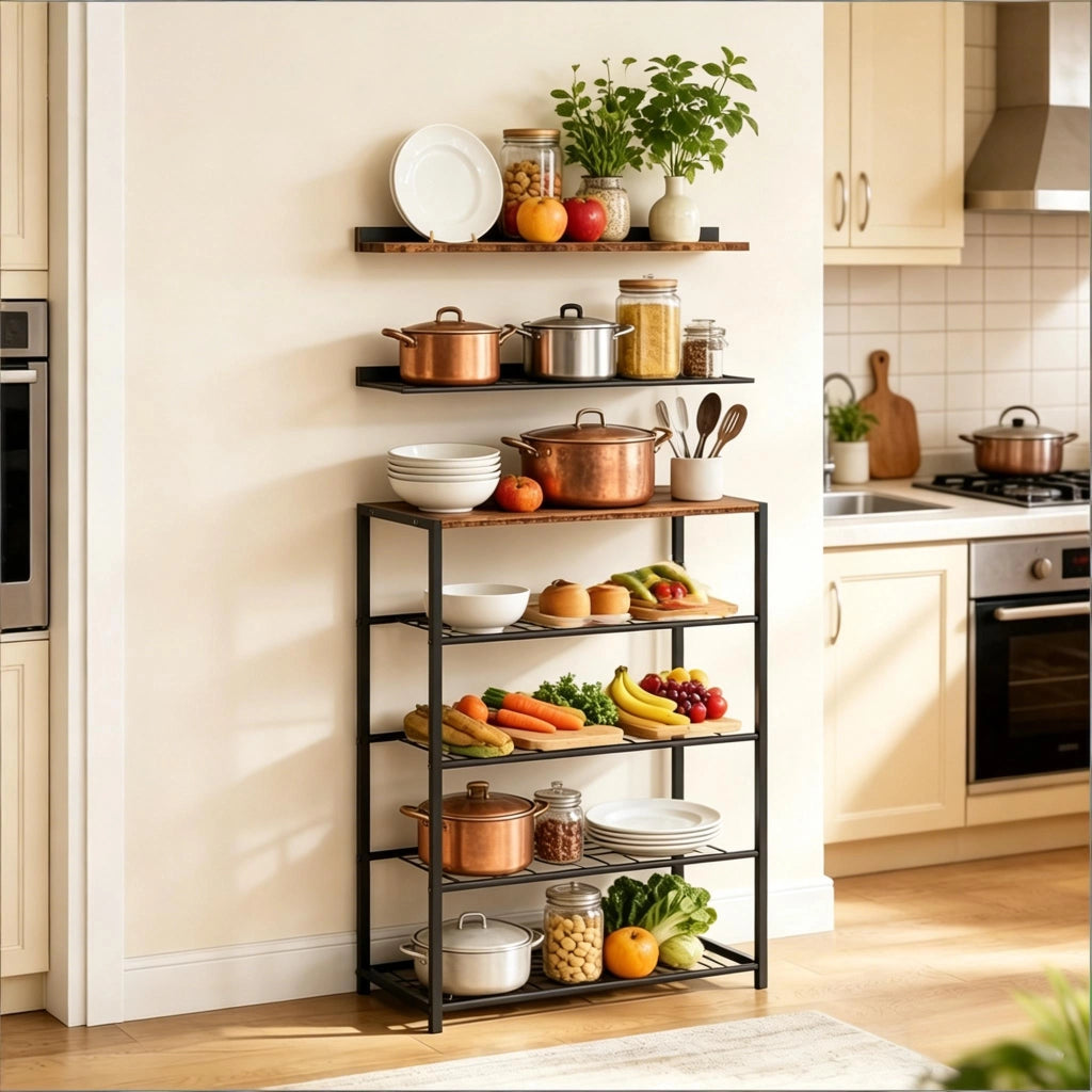 Scarpiera con 5 ripiani aperti, stile industriale, per ingresso, in MDF e acciaio marrone e nero, 63 × 30 × 83 cm