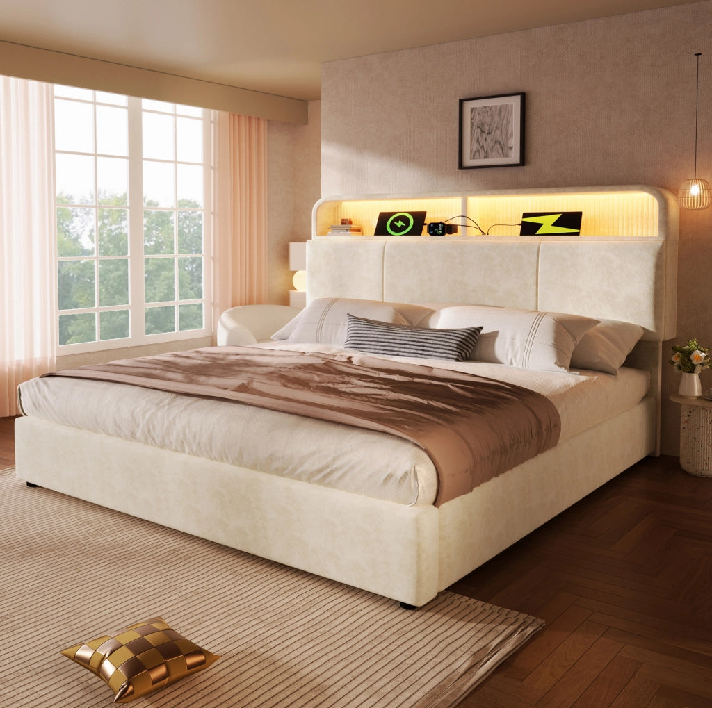 Letto imbottito 140x200 cm con testiera regolabile in velluto beige, contenitore idraulico, illuminazione LED e stazione di ricarica USB/Type-C, con rete a doghe (senza materasso)