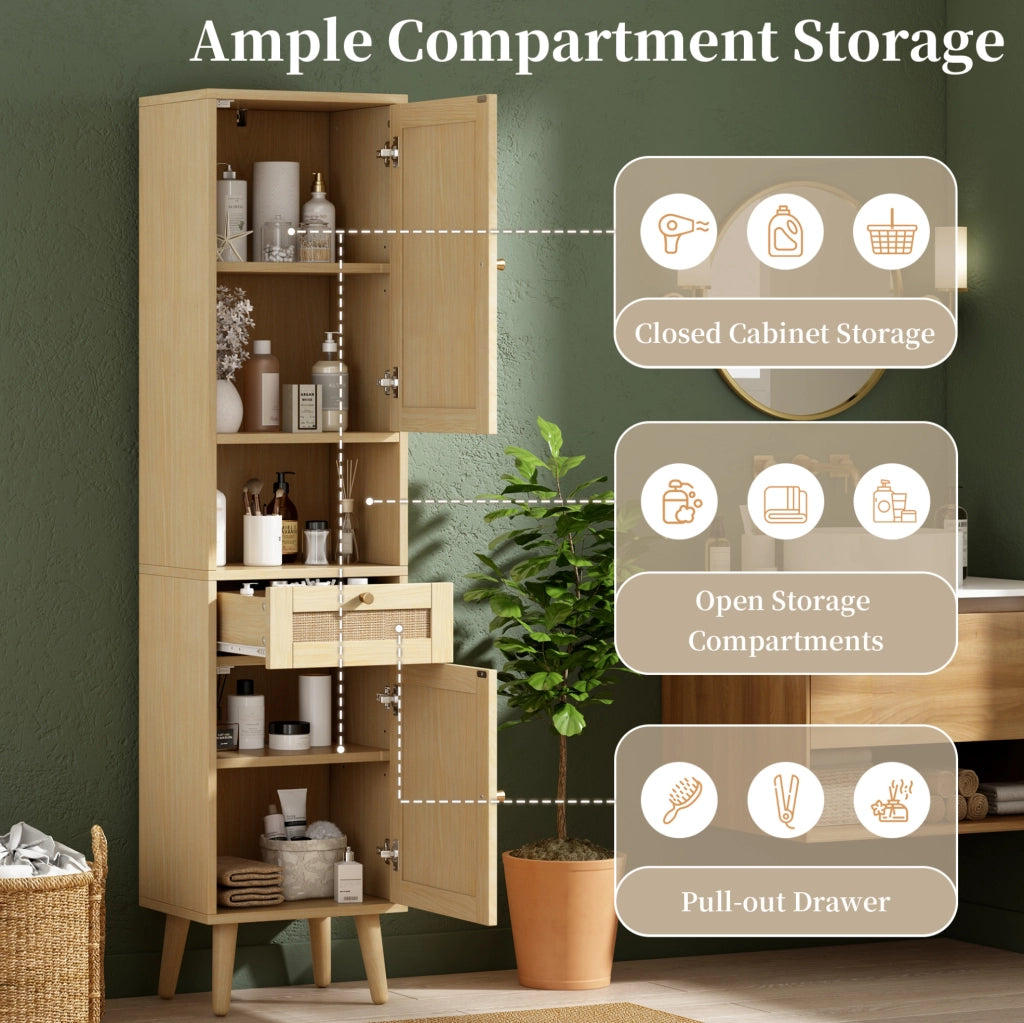 Mobile bagno alto 166 cm con ante in rattan reversibili, cassetto, chiusura magnetica e cerniere soft-close, 40x30x166 cm, colore legno naturale