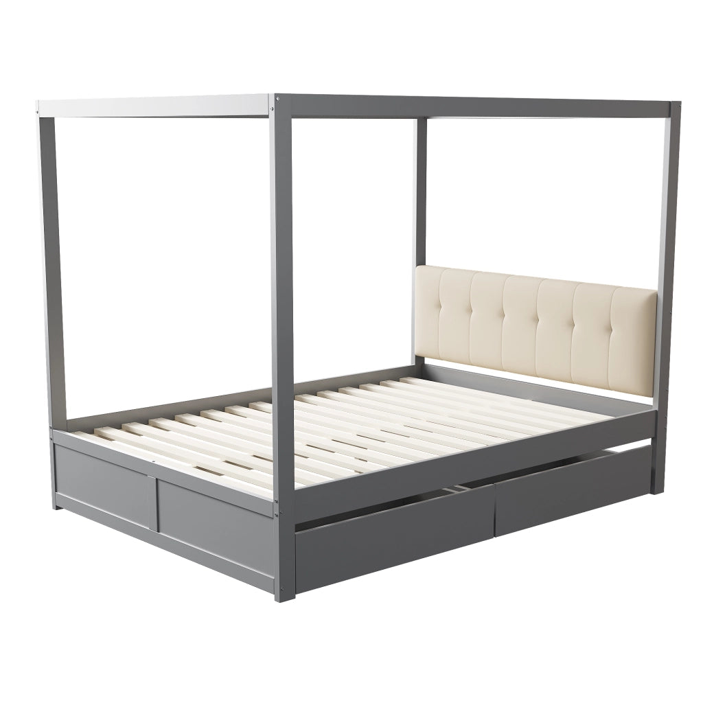 Letto a tenda 140x200 cm con due cassetti; schienale imbottito e struttura in legno; grigio e bianco