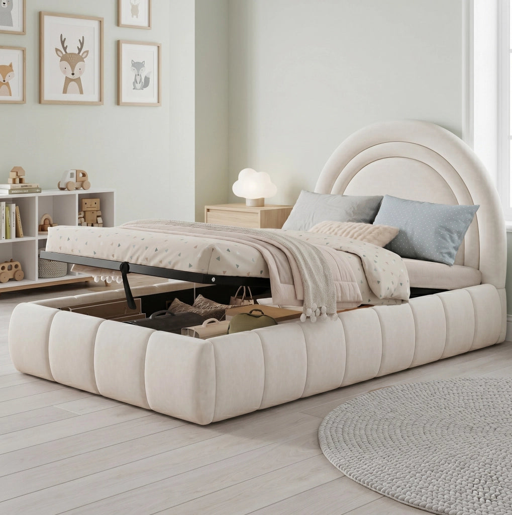 LETTO Contenitore per bambini 90x200 cm in velluto beige con rete a doghe