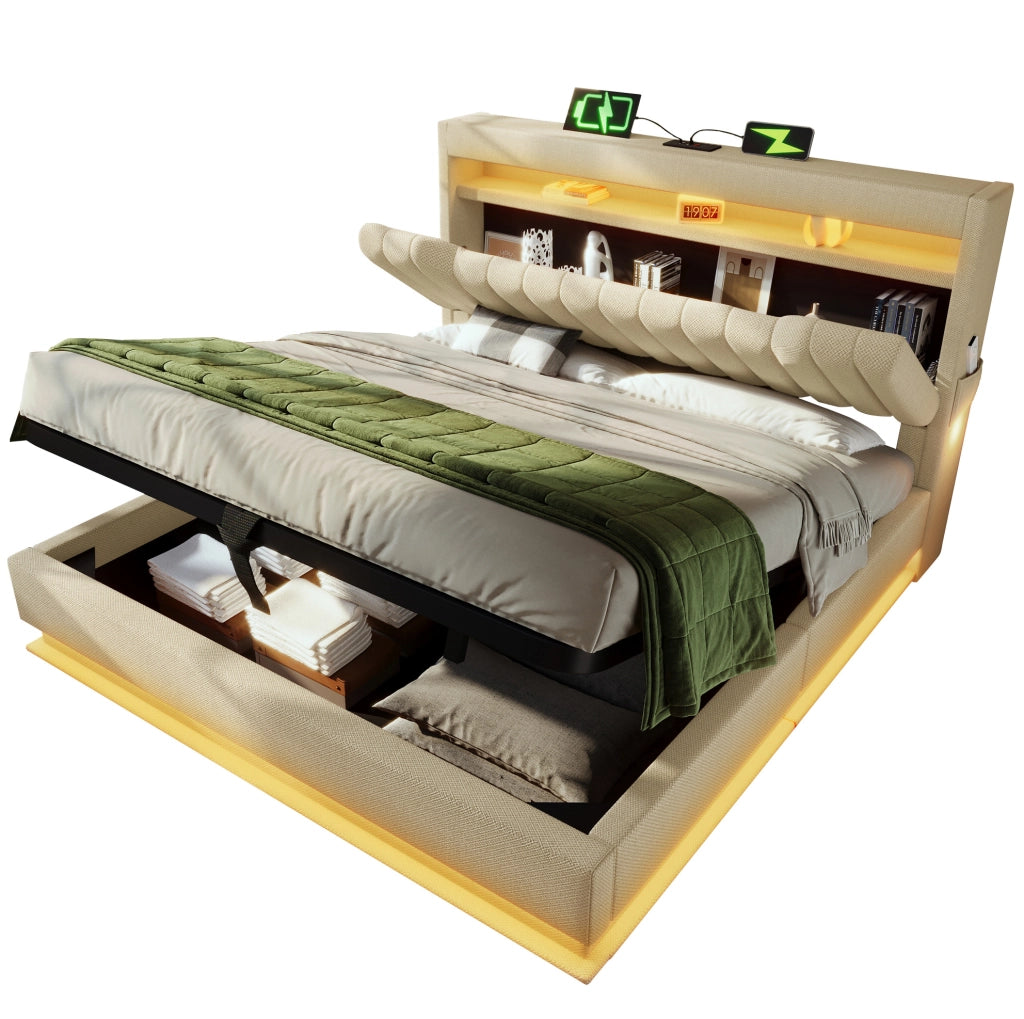 Letto matrimoniale 140x200 cm in lino beige con LED, USB e materasso