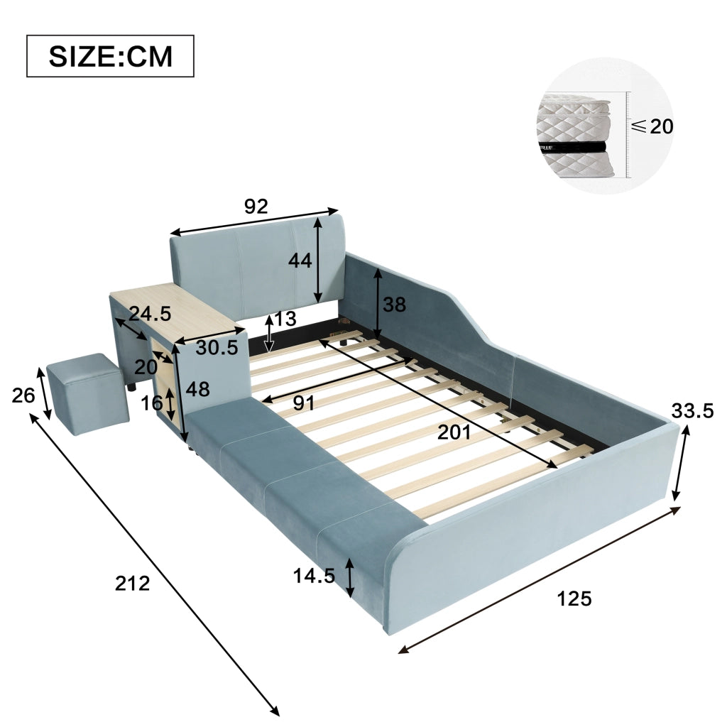 Letto singolo 90 × 200 cm con scrivania e sgabello vano laterale testiera imbottita in velluto blu doghe in legno