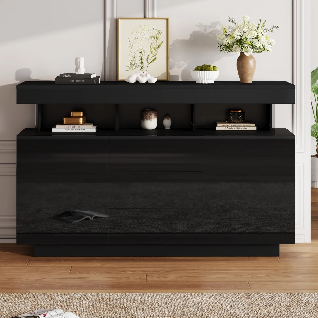 Credenza con LED e 3 cassetti ante scorrevoli in truciolare e acrilico nero 140 × 35 × 80 cm