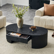 Tavolino basso fisso ovale con cassetto estraibile; rivestimento scanalato effetto legno nero in MDF per soggiorno