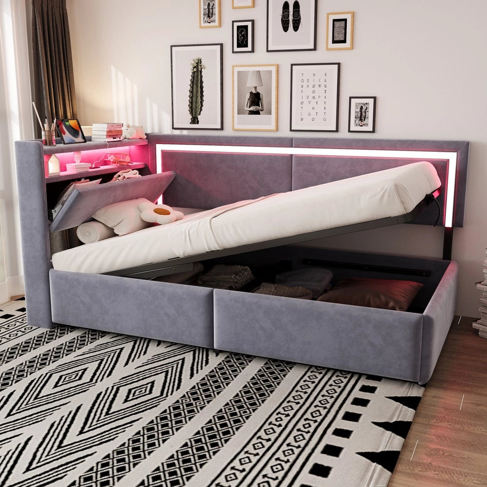 Letto Imbottito Contenitore con LED ¨C MINIMAL ¨C Velluto Grigio Chiaro 90x200