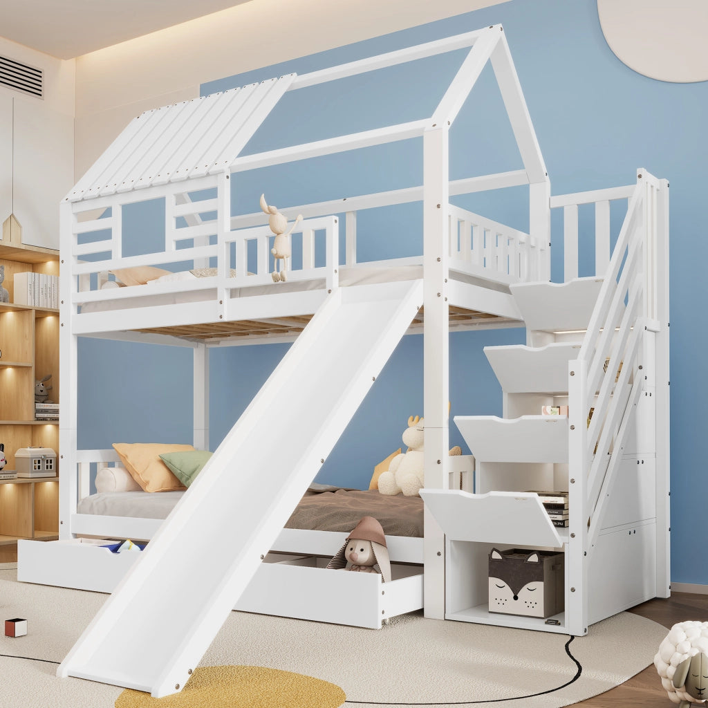 Letto A Castello A Casetta 90x200 Cm Con Scala E Scivolo; Legno Di Pino E MDF; Bianco