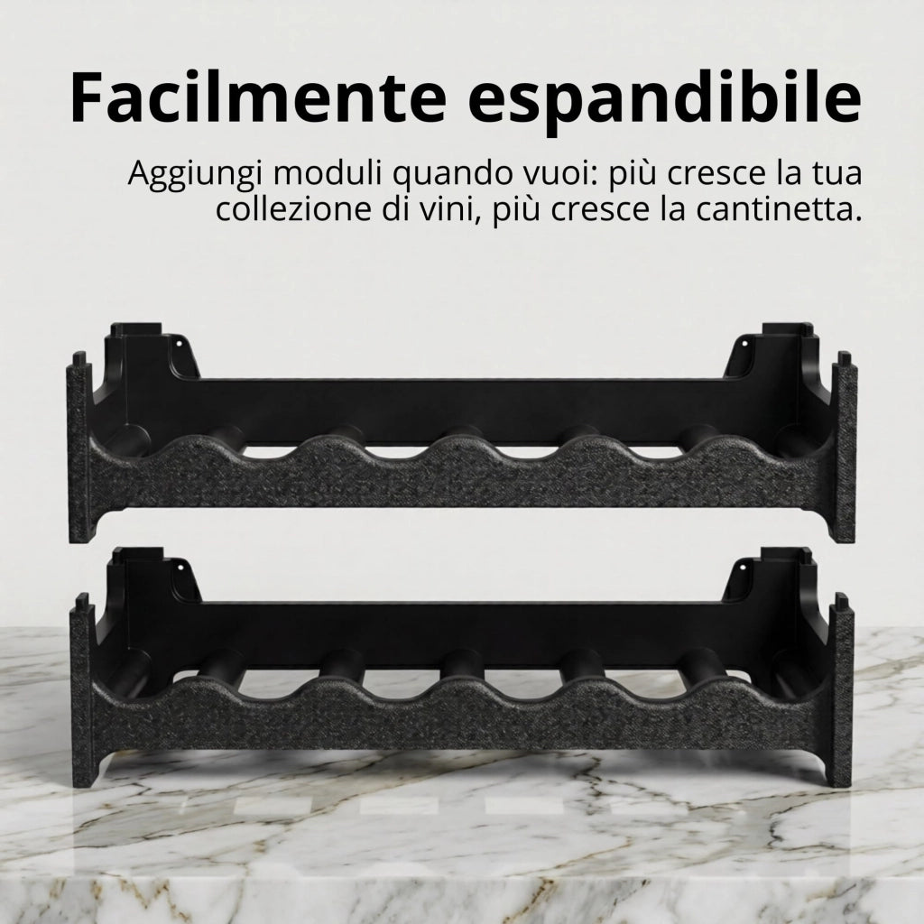 CookandSupply x TheWV Cantinetta Vino in Plastica Modulare Impilabile, Portabottiglie Effetto Pelle Martellata, 6 Bottiglie per Modulo, Scaffale Portavino Salvaspazio - Nero, 18