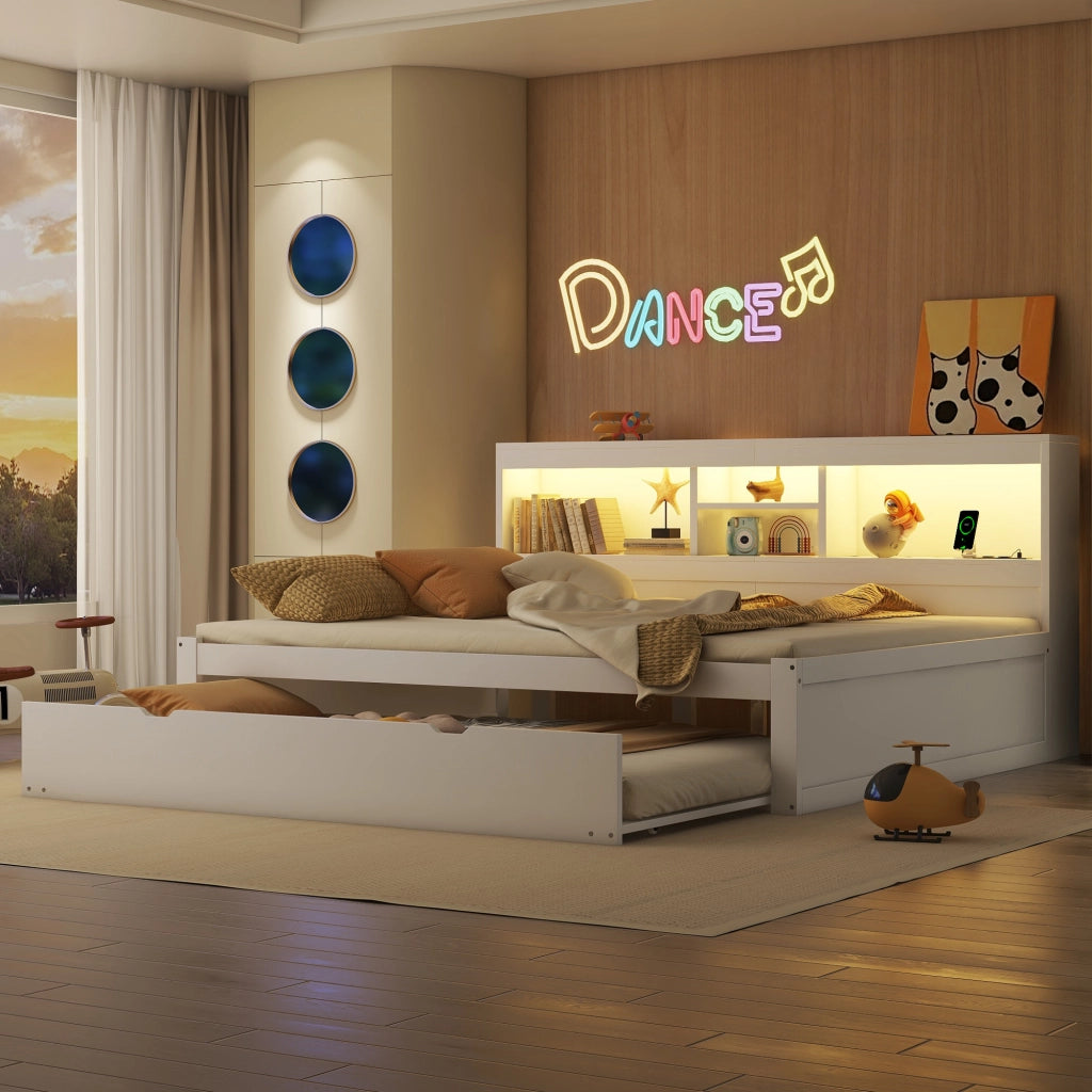 Letto estraibile matrimoniale 140×200 cm e 90×190 cm con LED; prese USB; ripiani e senza materasso; bianco