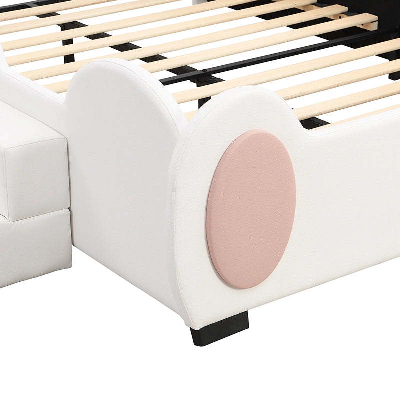 Letto per bambini 140 × 200 cm con scivolo e scaletta illuminazione LED multicolore PU e MDF rosa e bianco