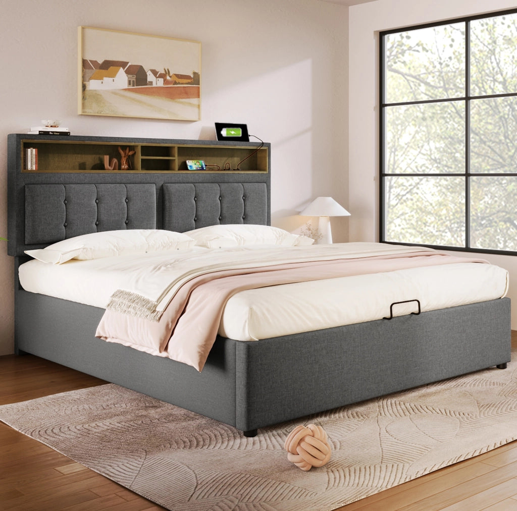Letto imbottito 160 x 200 cm grigio con contenitore, prese e USB-C