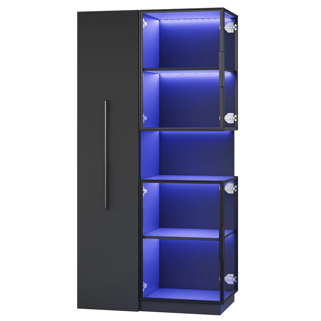 Vetrina nera in MDF e vetro con ripiani estraibili e LED multicolore 70 × 38 × 160 cm