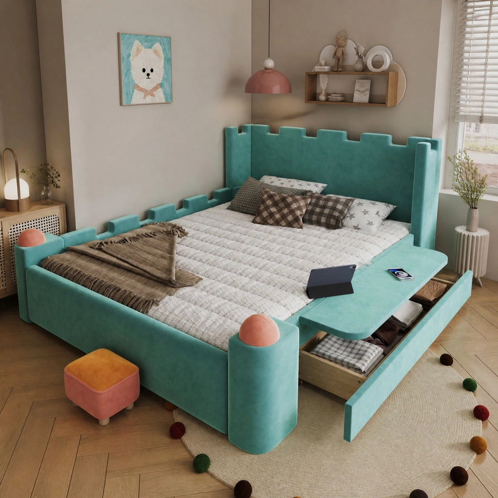 Letto con cassetti 140 × 200 cm con ripiano laterale pieghevole rivestito in velluto francese blu-verde