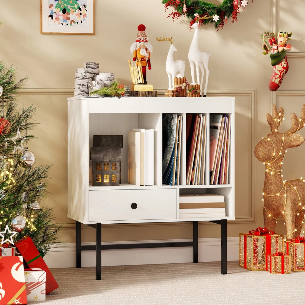 Mobile porta vinili stile moderno del met¨¤ secolo con scomparti aperti, Supporto per giradischi per sala musica Bianco-Credenze buffet