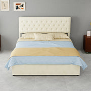 Letto moderno minimalista beige 140x200 cm con testiera imbottita e contenitore, struttura in legno con supporto pneumatico, senza materasso