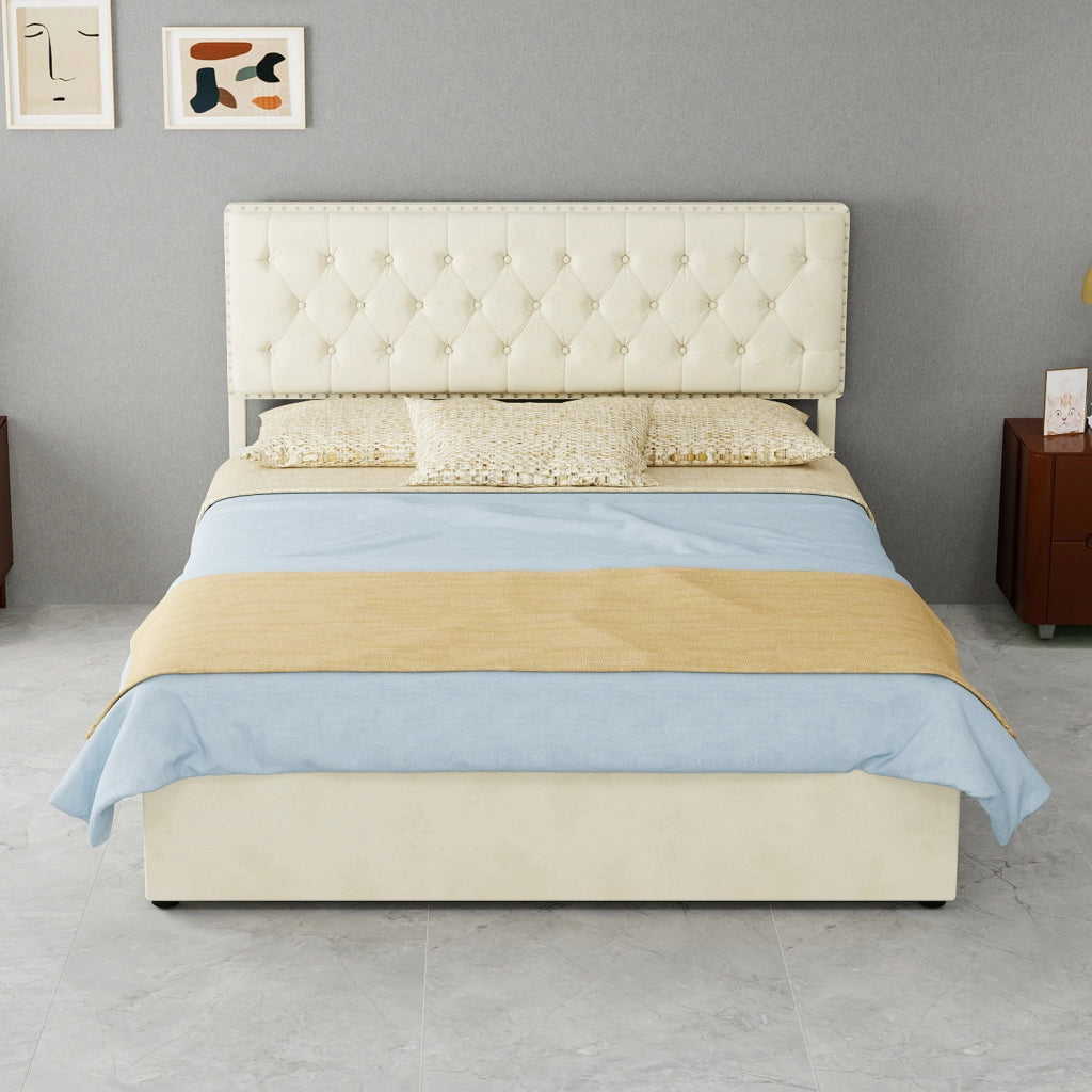 Letto moderno minimalista beige 140x200 cm con testiera imbottita e contenitore, struttura in legno con supporto pneumatico, senza materasso