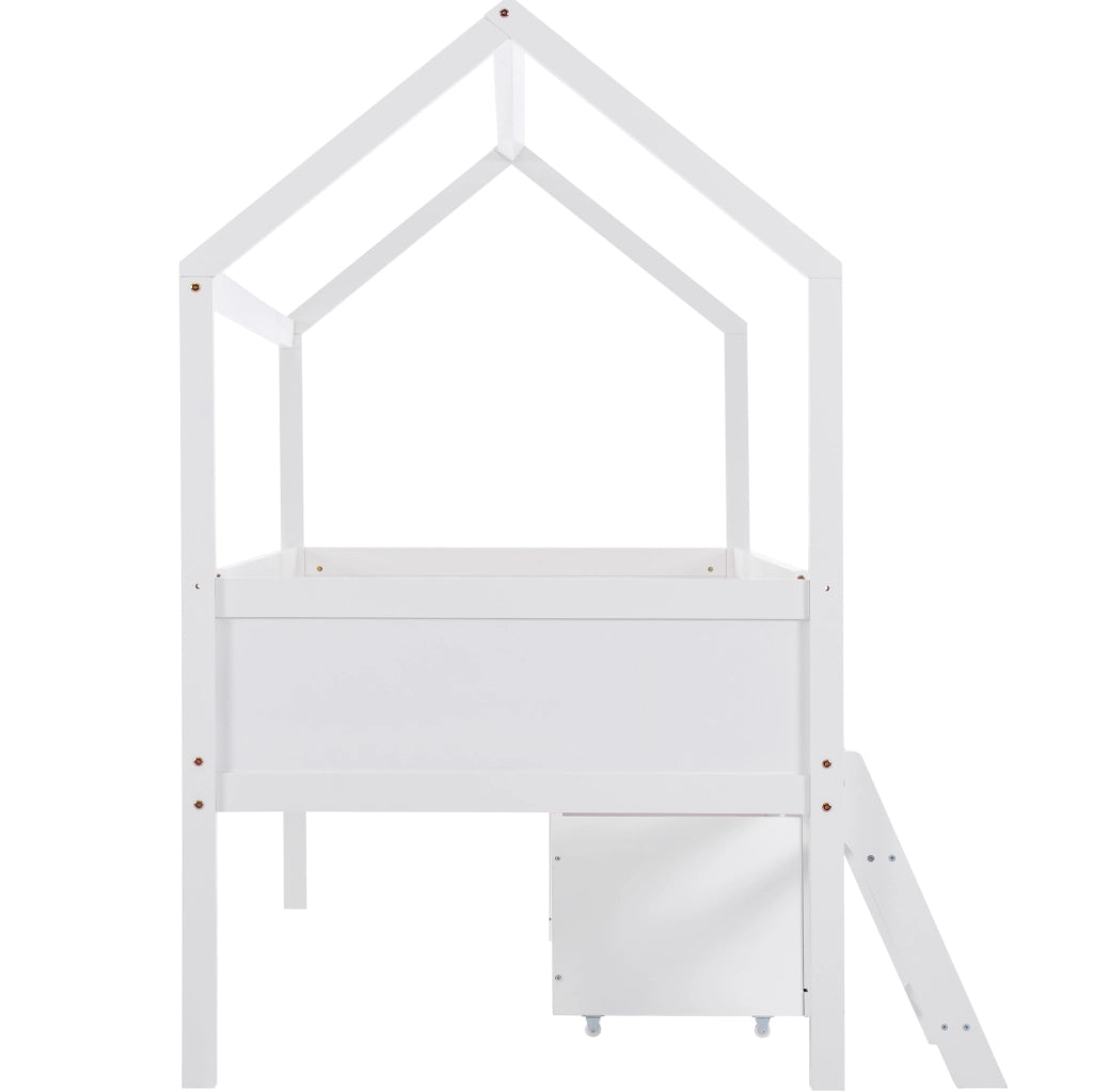 Letto a soppalco per bambini 200x90 cm con cassetti e ripiani, barriera anti-caduta, bianco, in legno di pino