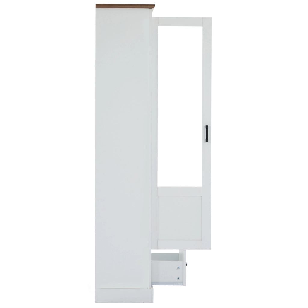 Vetrina Moderna LED Bianca Opaca 178 cm con USB, Mobile Espositivo in Truciolato e Vetro Temperato con Cassetto e 5 Ripiani