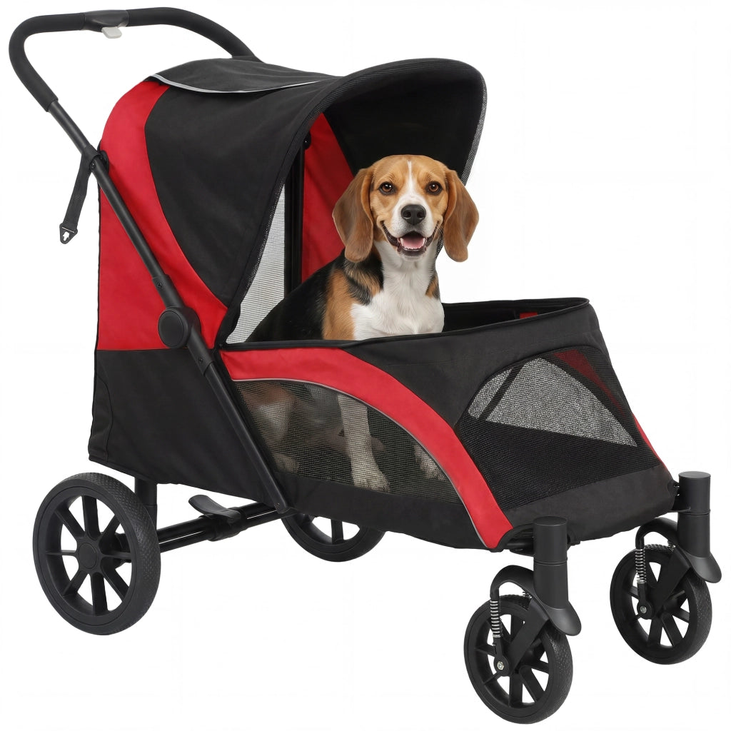 Passeggino per Cani Taglia Media Pieghevole con Finestre a Rete, Cuscino e Guinzagli, 124x67x100 cm, Nero