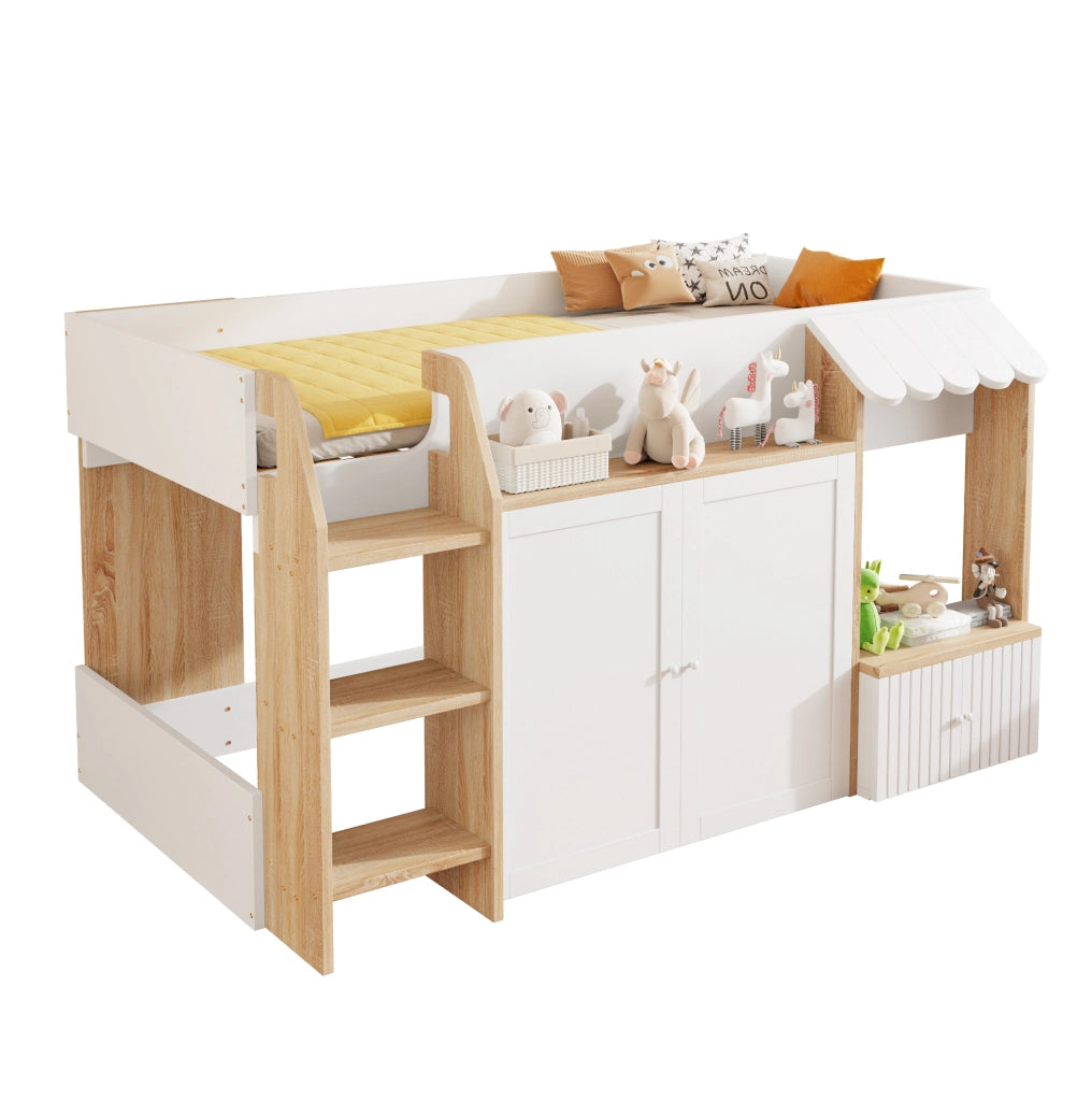 Letto a casetta 90x200 cm bianco e naturale in legno - con spazio contenitore