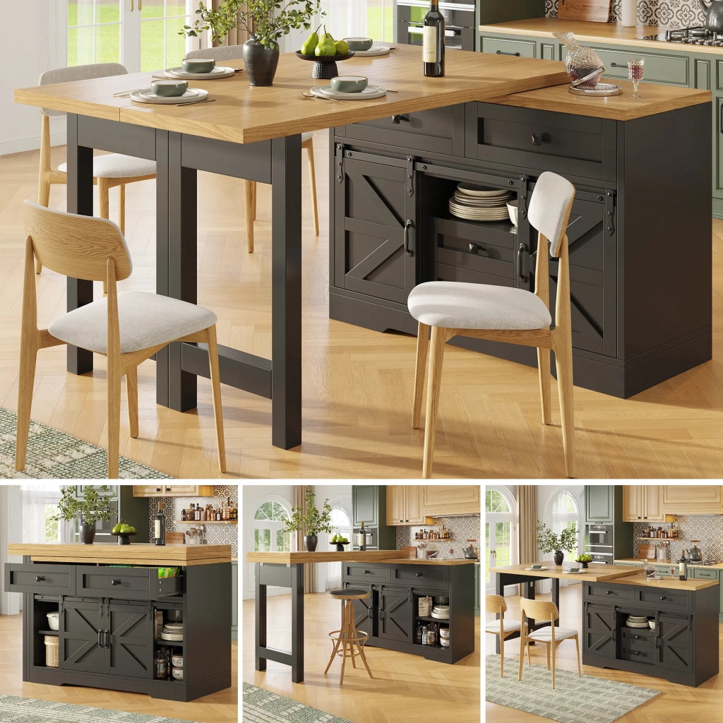 Isola Cucina Multifunzione con Tavolo da Pranzo, Armadio Laterale con Cassetti Nascosti, Pannelli Girevoli a 360°, Porta Scorrevole Stile Granaio, Design 2-in-1