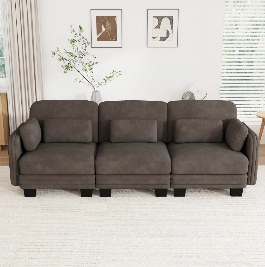 Divano modulare lineare 3 posti 253x88x88 cm in chenille marrone con cuscini lombari e braccioli