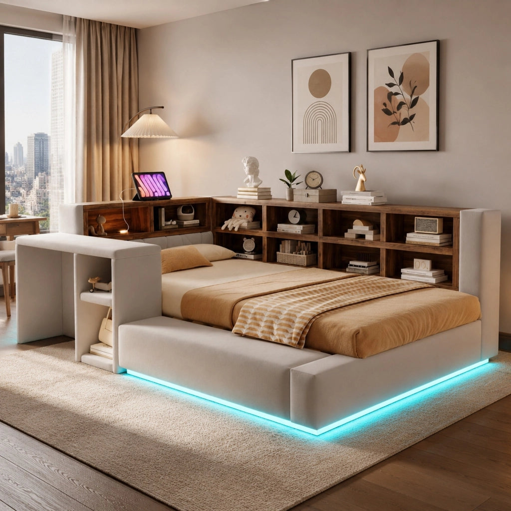 Letto imbottito 90 x 200 cm con contenitore; LED e prese integrate; grigio chiaro