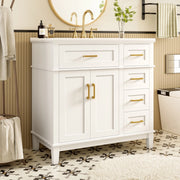 Mobile bagno bianco laccato 90x46x87 cm con lavabo in ceramica, doppia anta, 5 cassetti con ammortizzatori silenziosi e piedini in legno massello