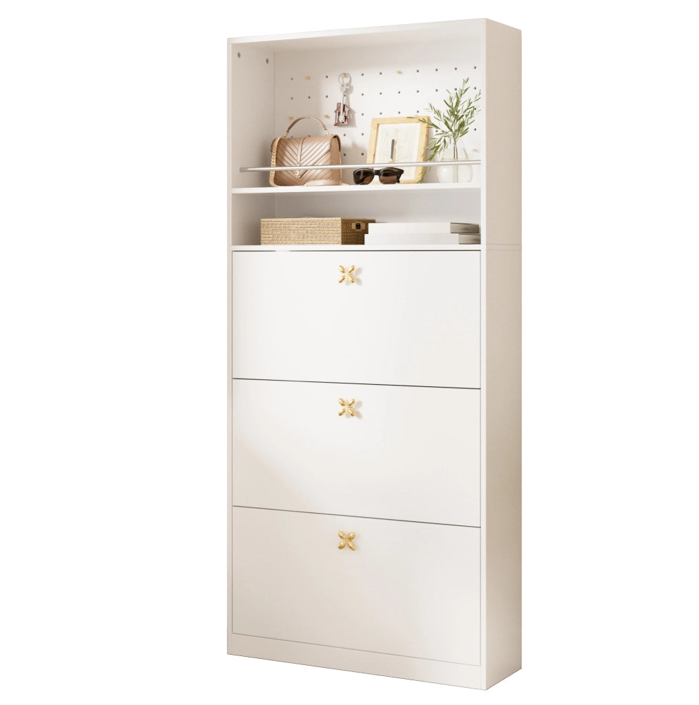 Scarpiera 80x24x178，5 cm bianca， 3 ante a ribalta， 2 vani， maniglie dorate