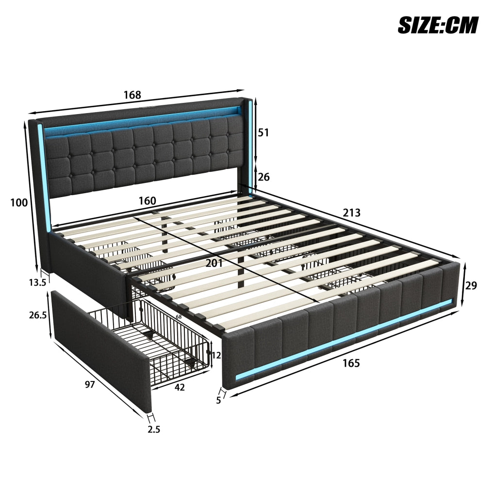 Letto matrimoniale 160x200 cm con LED; 4 cassetti e USB; grigio scuro