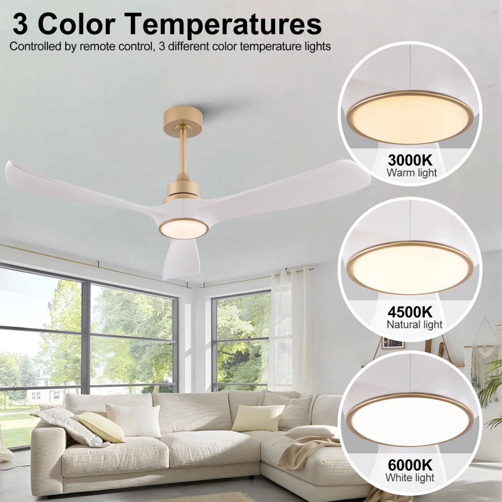 Ventilatore da soffitto con luce da 52 pollici bianco e oro con 3 pale ABS; motore DC reversibile e telecomando