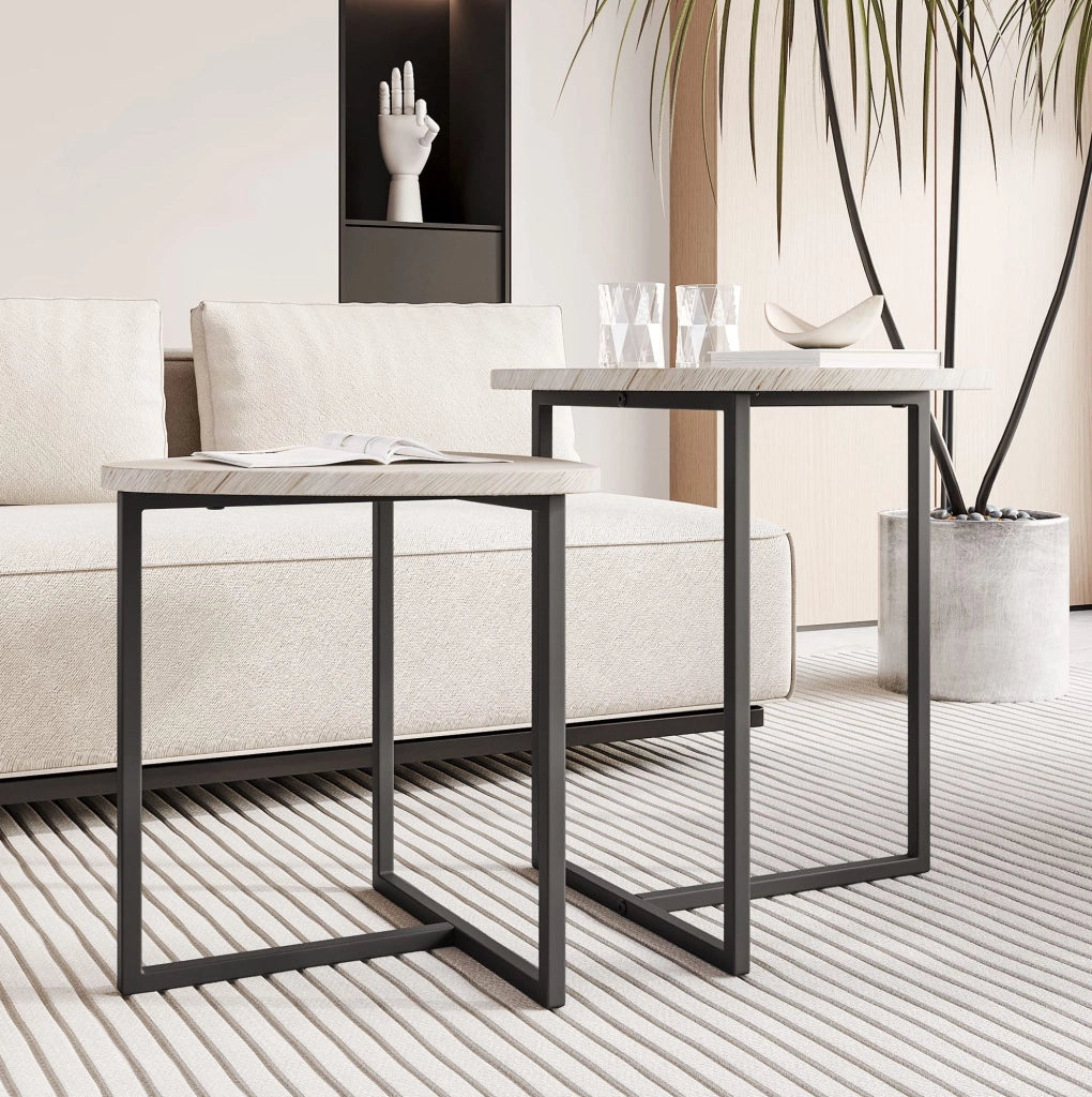 Set di 2 tavolini da salotto a cuore in truciolare e acciaio inox rovere bianco