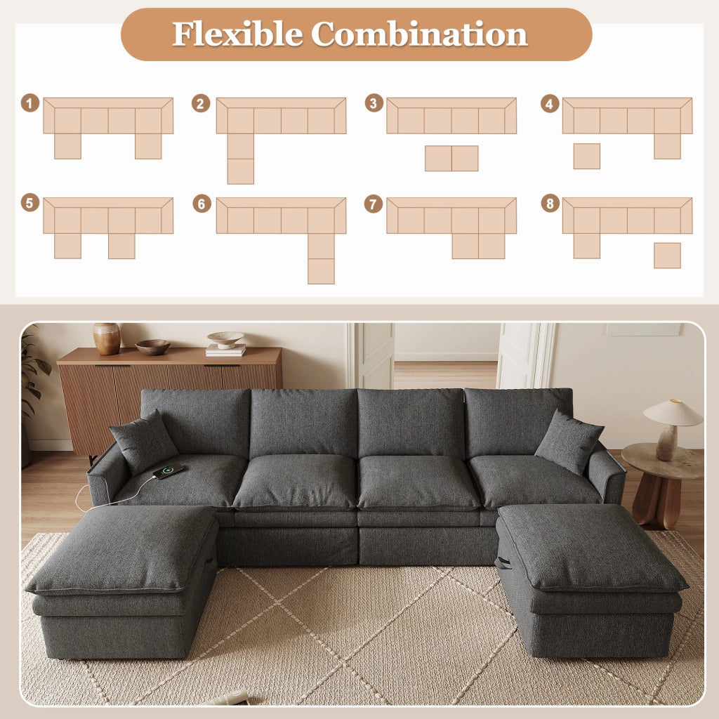 Divano modulare a U o L 6 posti con pouf contenitore, porte USB e Type-C, in cotone e lino grigio, 277×80×135 cm