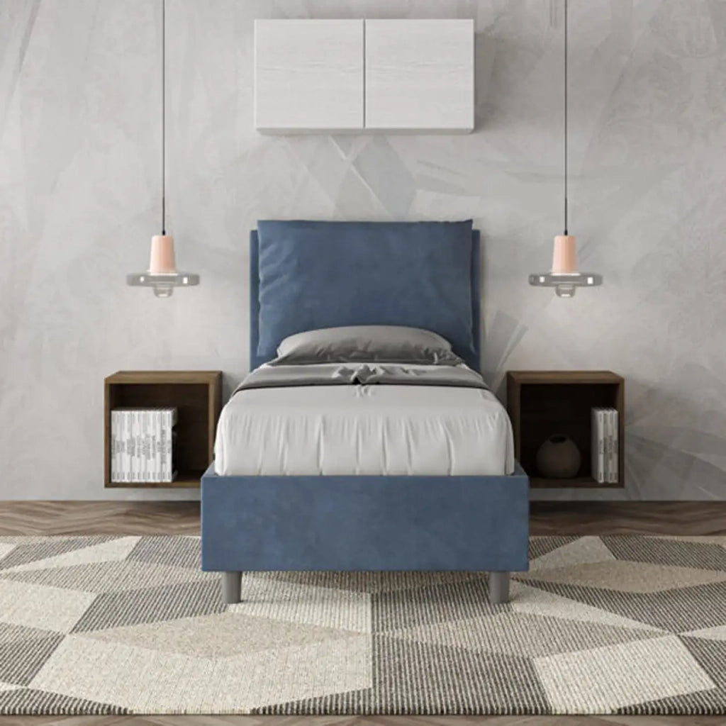 Letto singolo contenitore imbottito 80x190 microfibra blu Antea