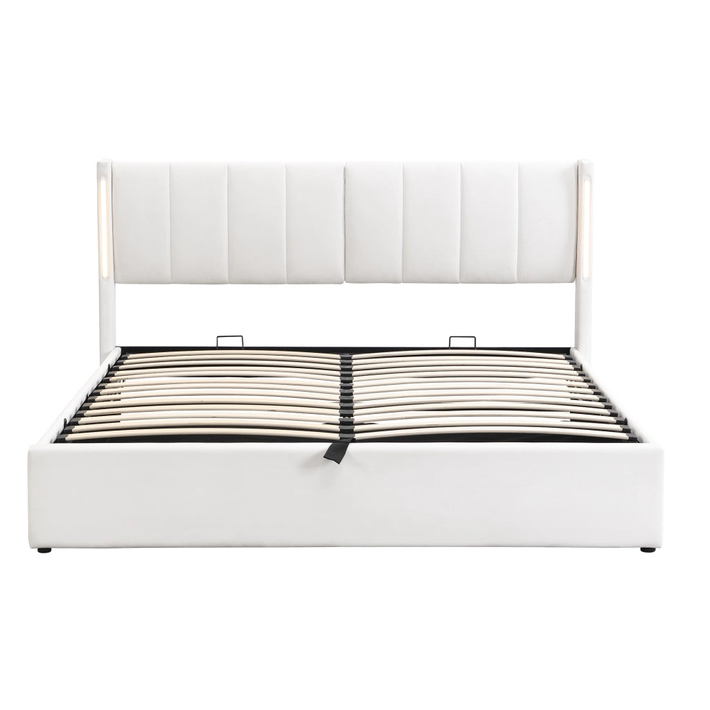 Letto per adulti 160x200 cm con LED; USB e Type-C; testiera regolabile; vano contenitore; PU bianco