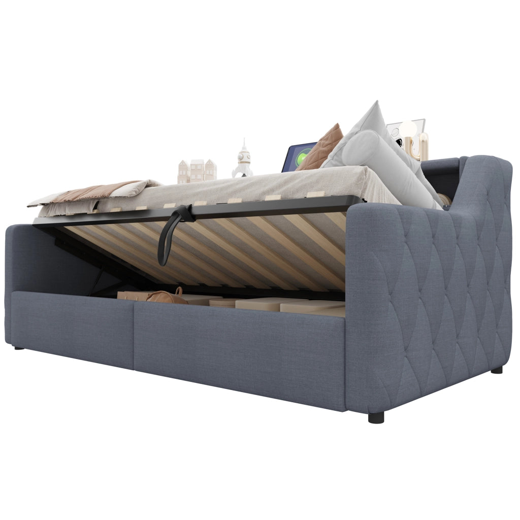 Letto giorno 90 x 200 cm con striscia LED, contenitore idraulico, USB e Type-C - Lino, grigio, senza materasso