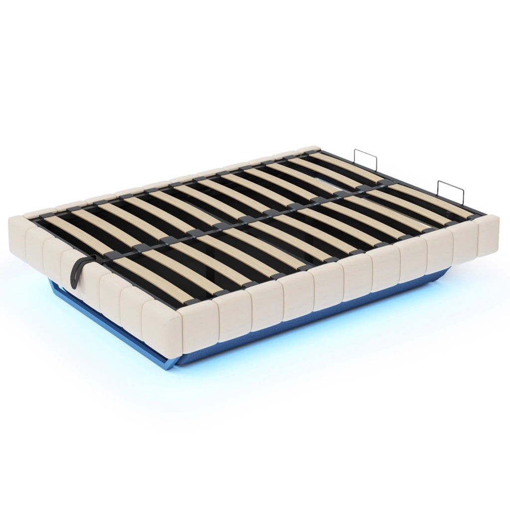 Letto Matrimoniale Imbottito 160x200 cm in Lino con Contenitore Idraulico; LED; Testiera; Beige