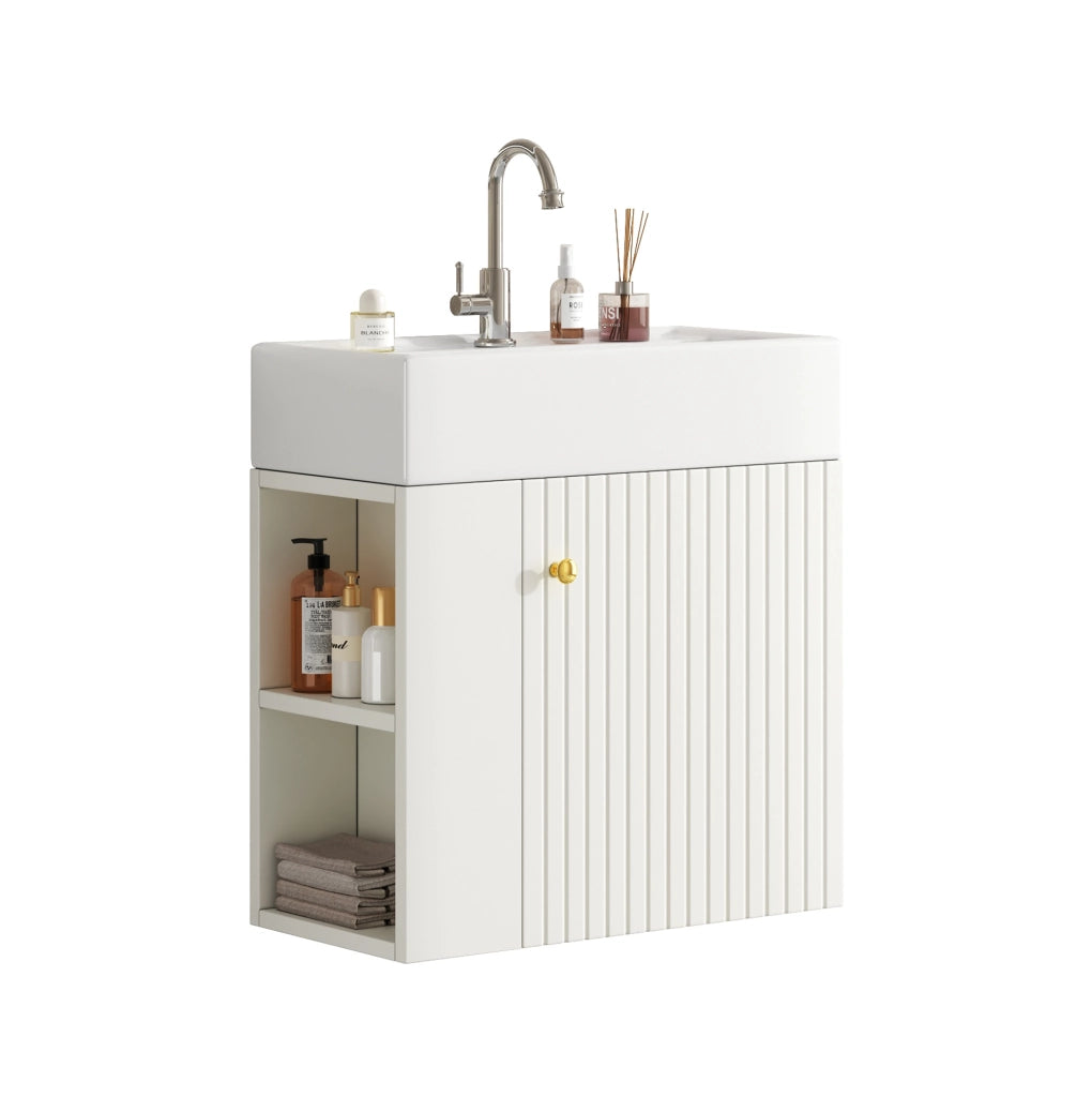 Mobile bagno compatto bianco con lavabo in ceramica e ripiani laterali