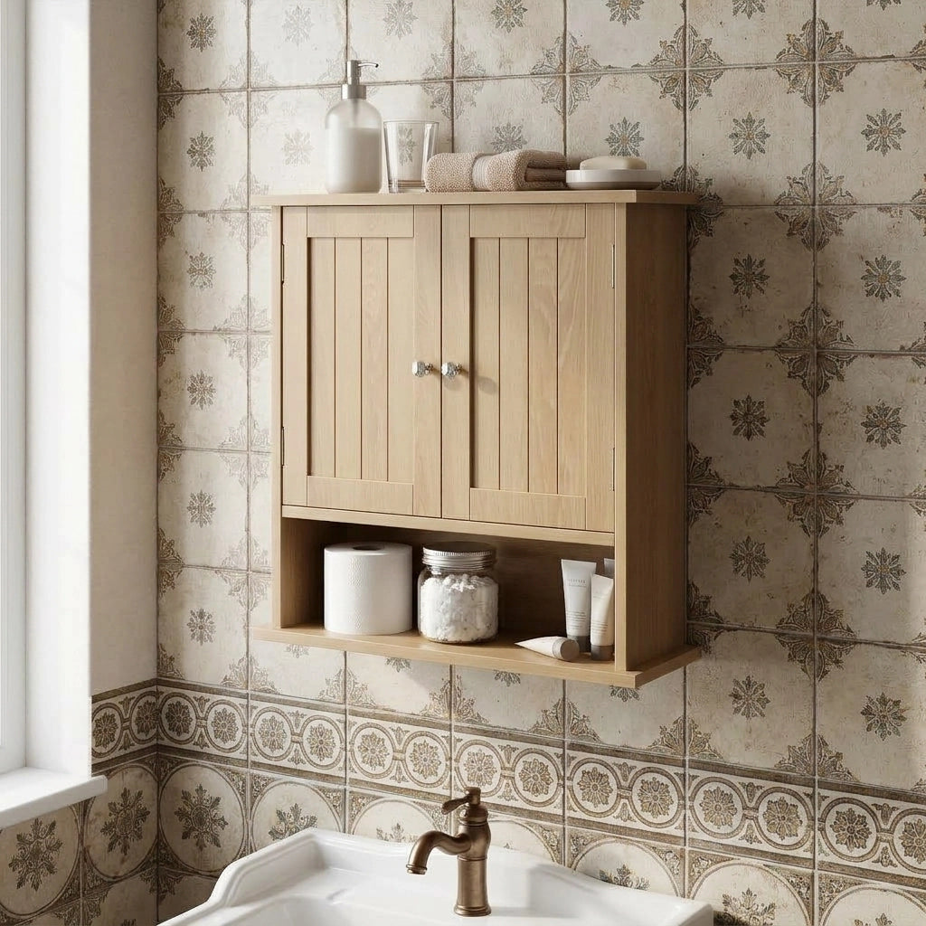 Mobile bagno a parete in stile quercia con doppia anta e spazio contenitivo