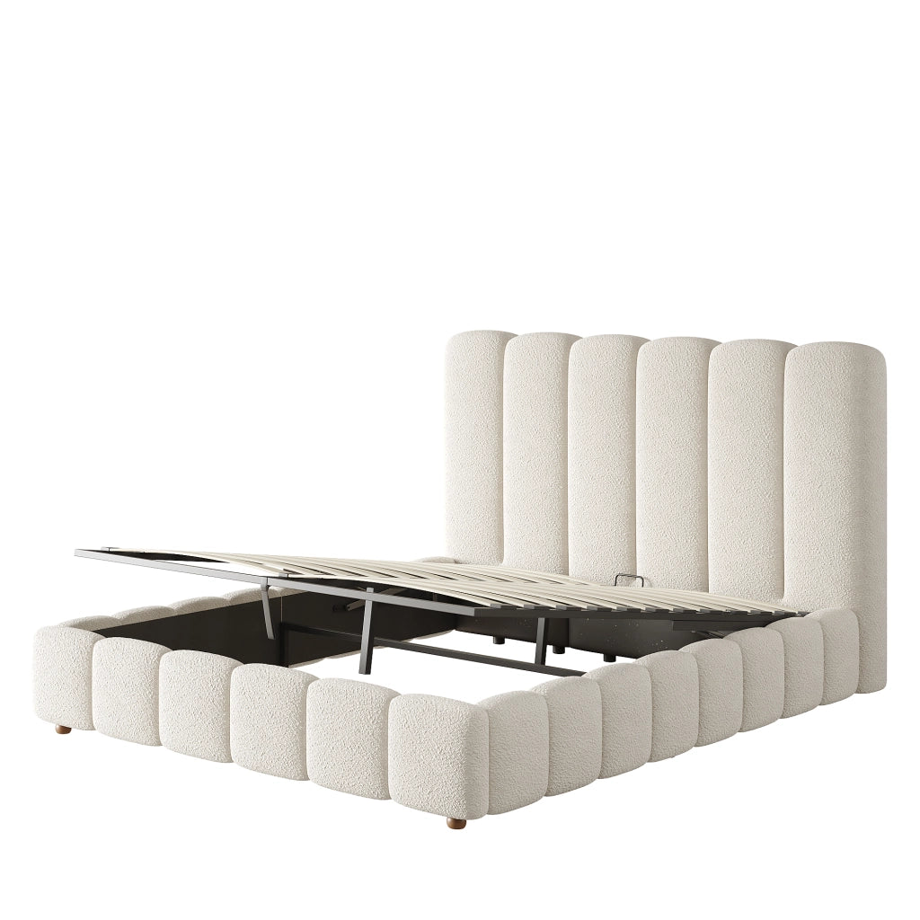 Letto contenitore 140 × 190 cm 2 posti con apertura idraulica e testiera imbottita; senza materasso; in bouclé bianco
