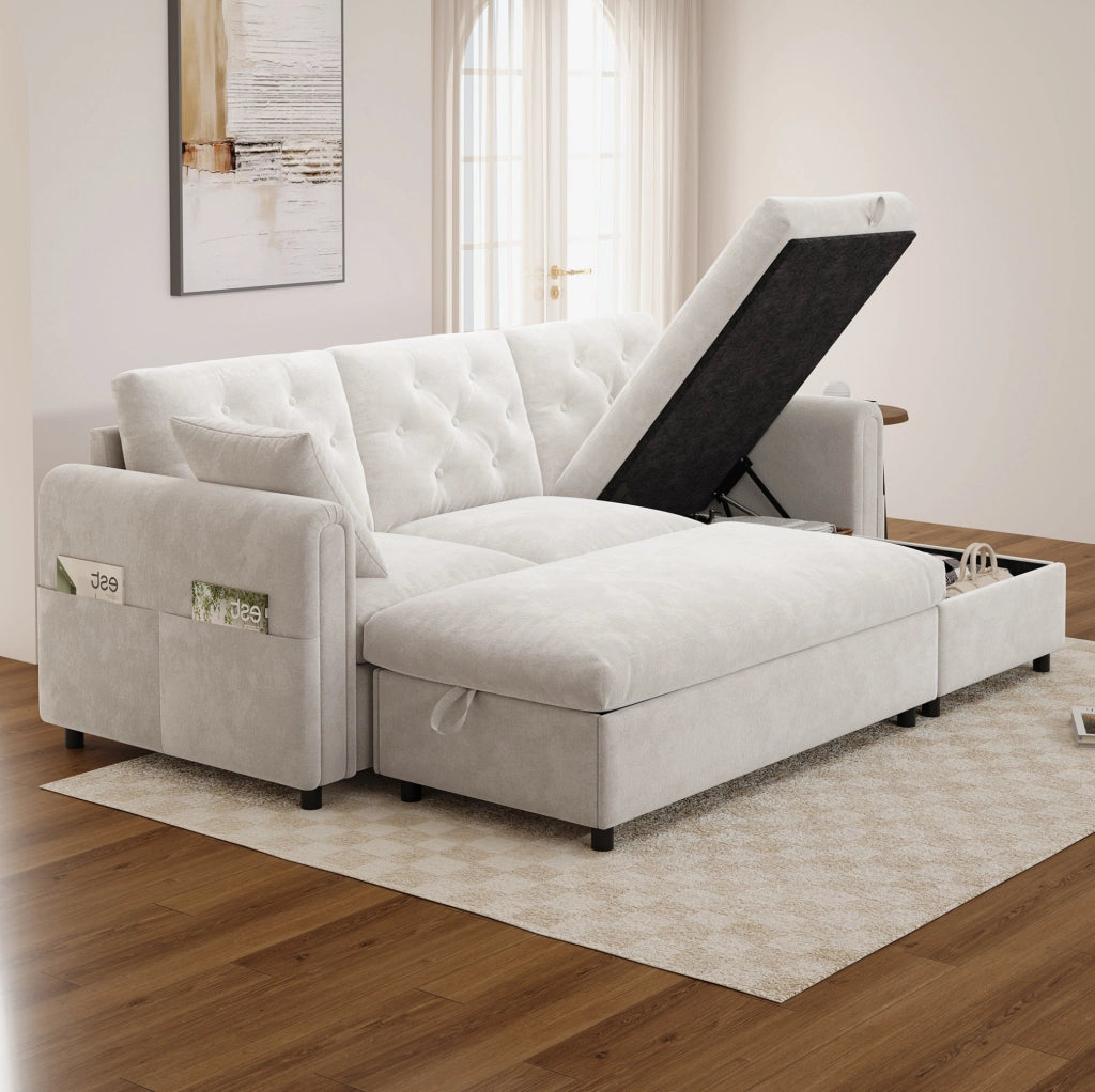 Divano moderno beige con chaise longue reversibile e pouf contenitore, 219 x 131 x 86 cm